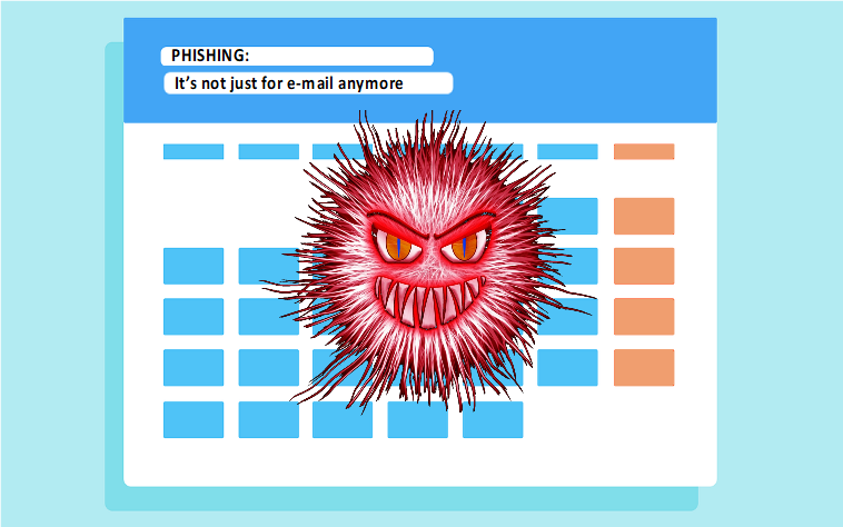 Picture of a cartoon spambot superimposed on a calendar. Includes text: "Phishing: It's not just for e-mail anymore."
